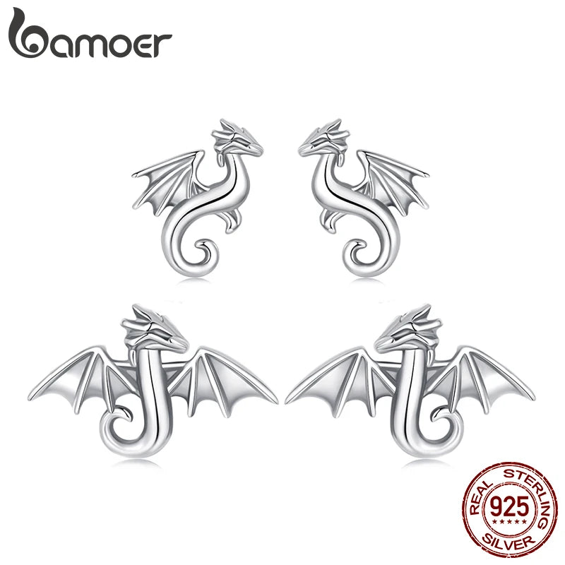 BAMOER Solid 925 Sterling Silver Mini Dragon Stud Earrings Retro Oxidized Earrings for Women Teens Pretty Animal Jewelry Gift