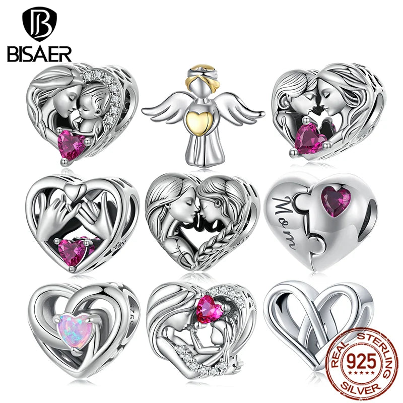 BISAER 925 Sterling Silver Heart Family Charm Angel Mother Child Hug Love Bead For Women Mother's Day DIY Bracelet Fine Jewelry