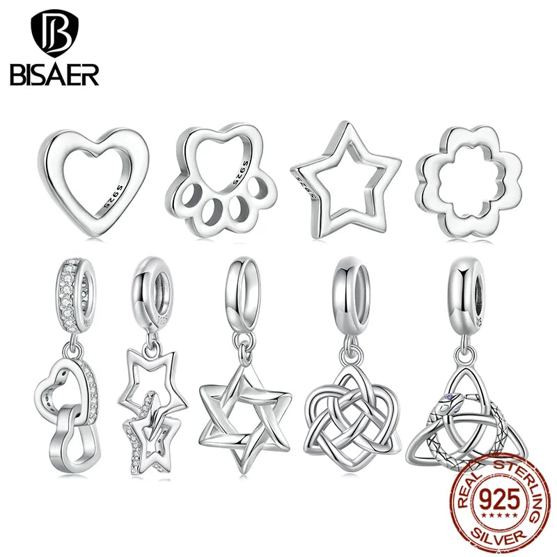 BISAER 925 Sterling Silver Heart Charm Bead Star Celtic Symbol Pendant For Women DIY Bracelet & Necklace Fine Jewelry Gift