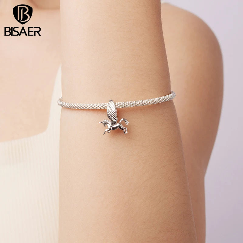 BISAER 925 Sterling Silver Unicorn Charm Bead Animal Pendant Plated White Gold for Women DIY Bracelet & Neckalce Fine Jewelry