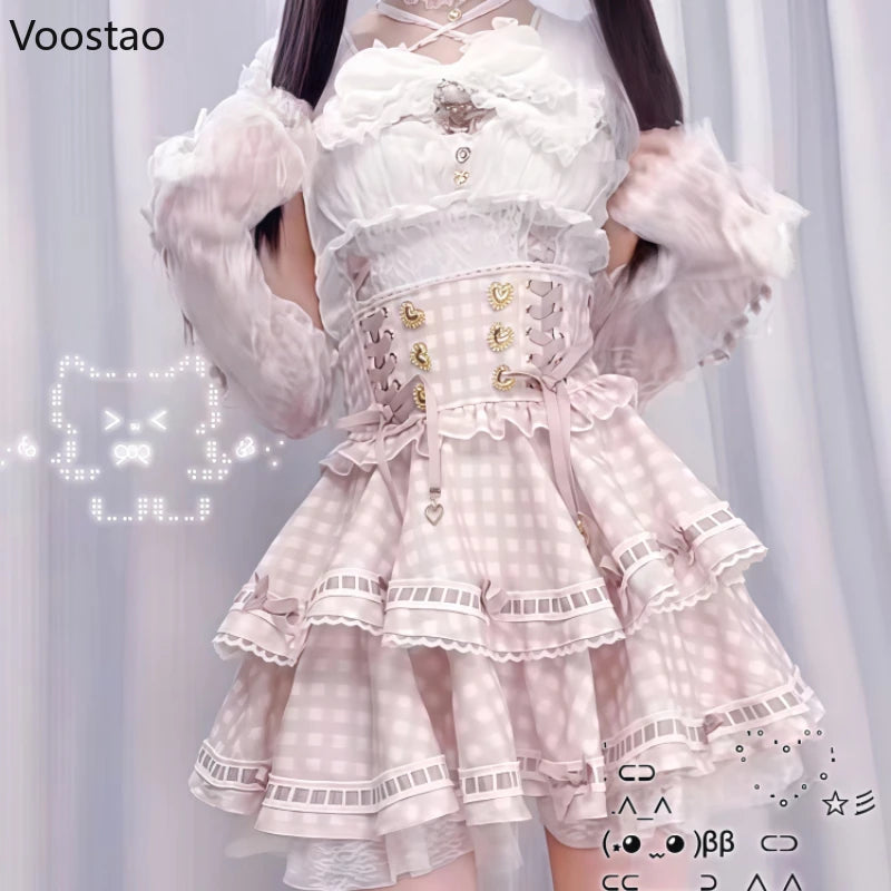 Japanese Gothic Lolita Style Rhinestone Bow Dress Shorts Set Women Sweet Cute Slim Plaid Strap Dress Elegant Kawaii Y2k Outfits