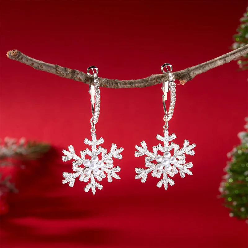 Shiny Crystal Zircon Snowflake Dangle Earrings For Women Exquisite Imitation Pearl Rhinestone Earring Christmas New Year Gifts