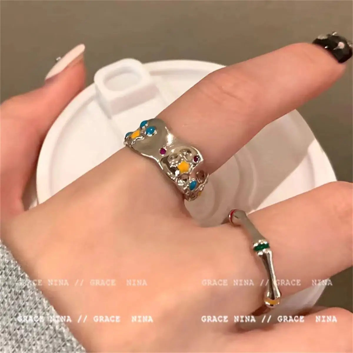 Vintage Colorful Flower Star Rings For Women 3 Pcs Dripping Oil Adjustable Opening Finger Ring Set Party High Sense Jewelry