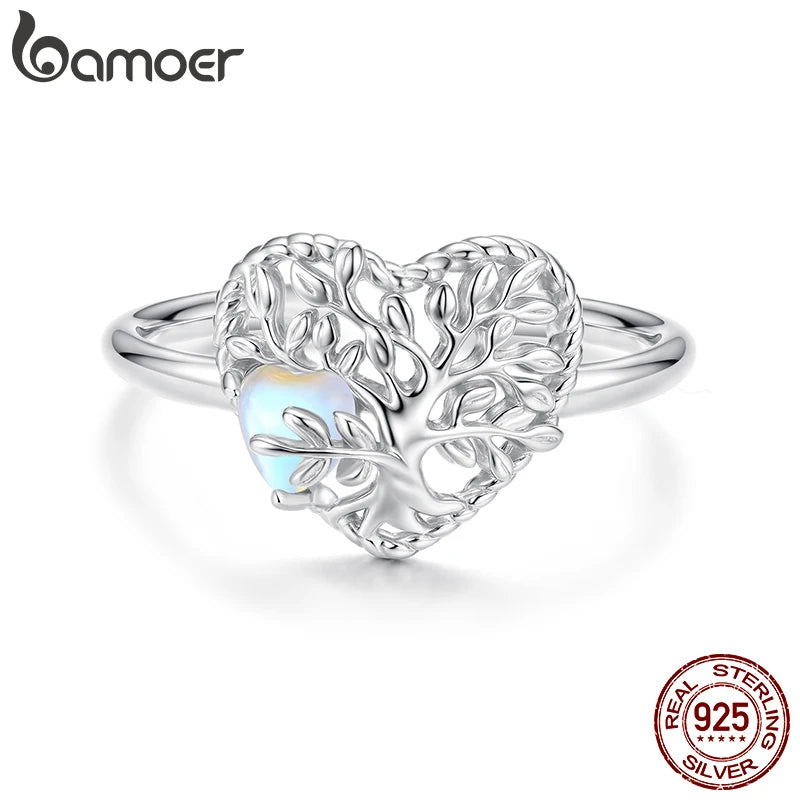 BAMOER 925 Sterling Silber Ring „Baum des Lebens“, offener Ring mit Mondstein und herzförmigem Motiv, originelles Schmuckgeschenk für Familie und Freunde – ein perfektes Geschenk für jeden Tag