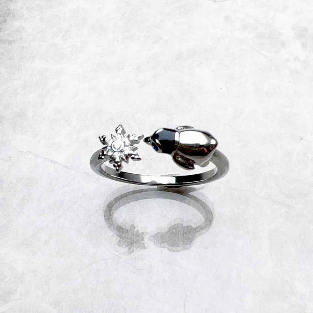 Ring Schneeflocken und Pinguin, brandneues süßes Wintergeschenk, edler Schmuck für Frauen aus 925er Sterlingsilber