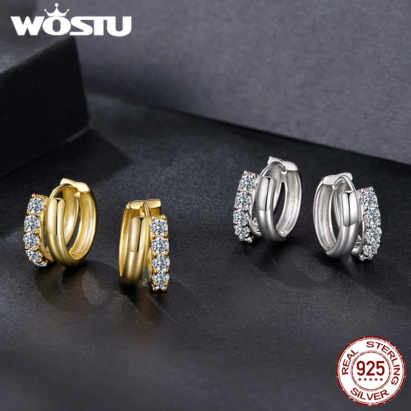 WOSTU Double-layer Moissanite Huggies Earrings For Women , 925 Sterling Silver 18K Gold Diamond Cut Sparkling Circle Earrings