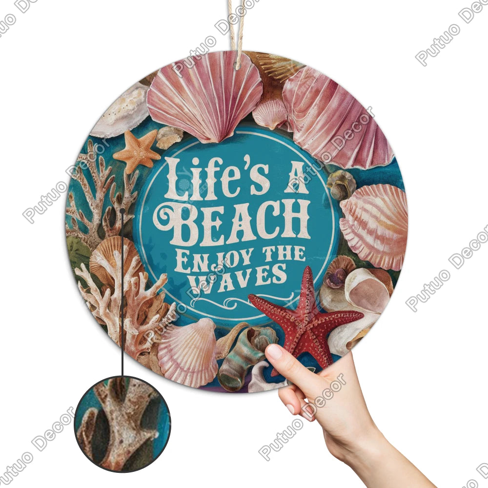 Putuo Decor Round wood decoration, summer, beach, Family Beach Coffee shop Shopping center Wood hanging plate decoration, gifts