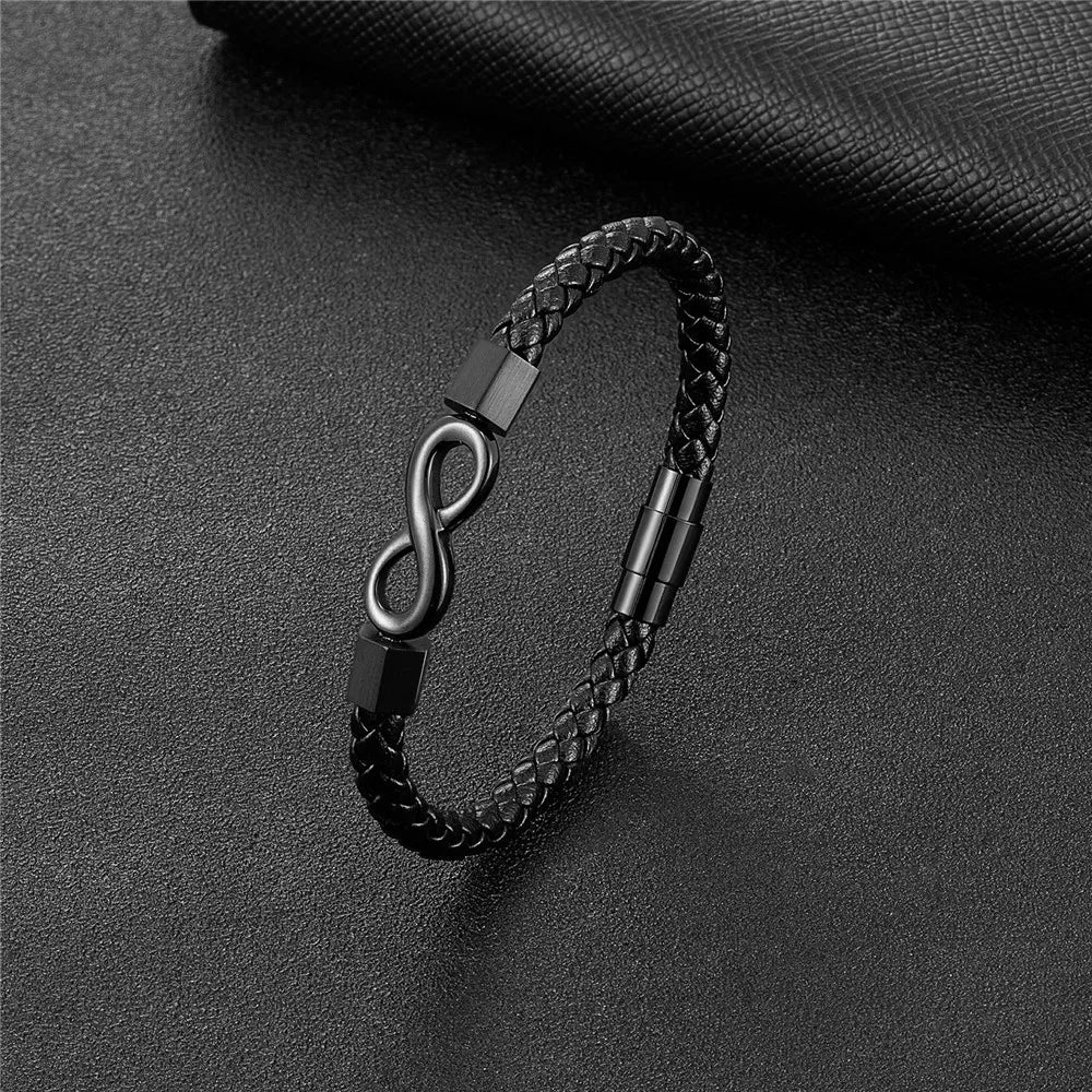 MKENDN Simple Style Infinity Bracelet Braided Leather Bracelets For Men Women Black Stainless Steel Jewelry Gifts