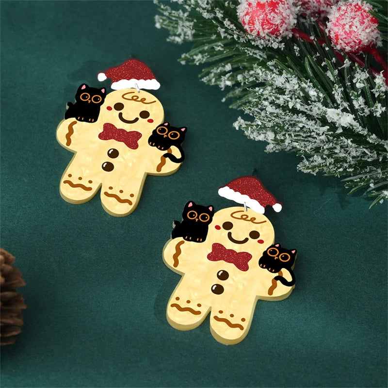 Christmas Gingerbread Man Black Cat Acrylic Dangle Earring for Women Cute Animal Elk Dog Xmas House Pendant Earrings Jewelry