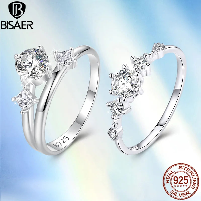 Bague double scintillante en argent sterling 925 BISAER avec bande en zircon scintillant plaquée or blanc pour femme, bijoux fins pour fête et mariage