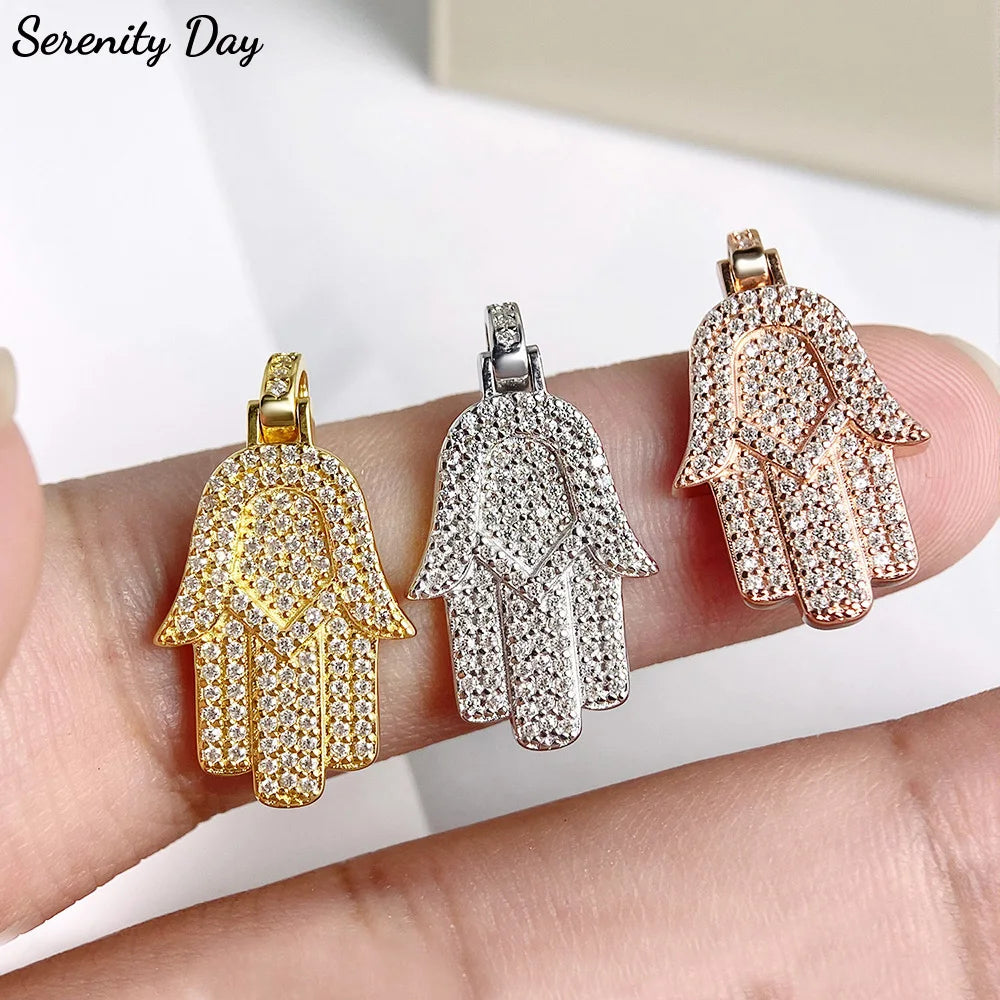 Serenity All Moissanite Necklace for Women Men Gift Hamsa Pendant Neck Chain Pure 925 Silver Hip Hop Jewelry 18K Plated Necklace