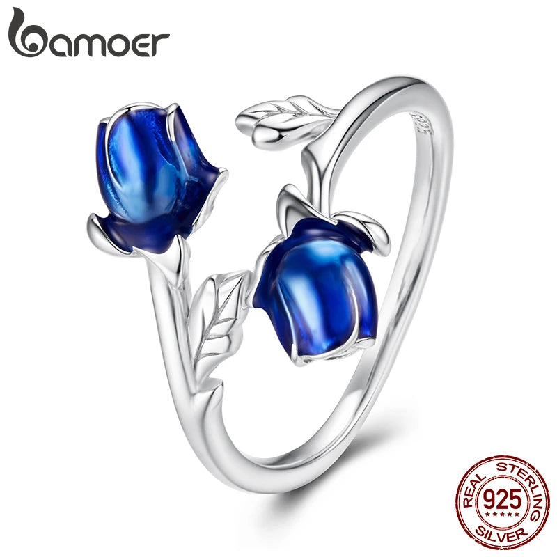 BAMOER 925 Sterling Silber Rosenring mit blauer Emaille, 3D-Blumenring für Damen und Mädchen, Verlobungsgeschenk, Liebesgeschenk, Glücksbringer