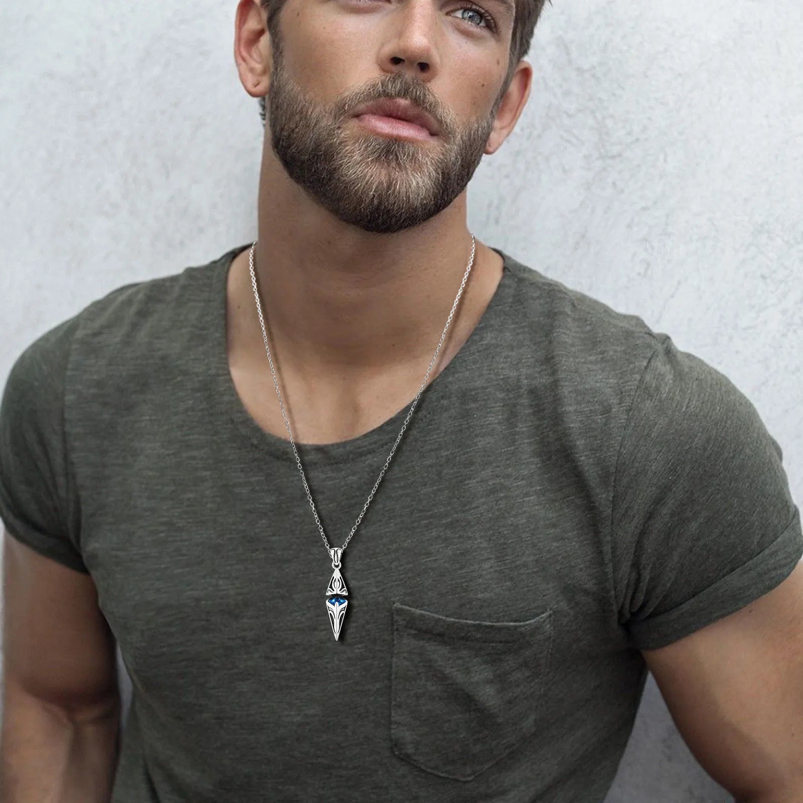 Chic Blue Stone Necklaces for Men,Stainless Steel Geometric Pendant Collar,Valentine's Birthday Party Gift for Him