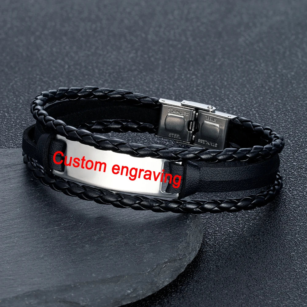 MKENDN Luxury Brand Custom Logo Name Engrave Leather Bangle & Bracelet Women Handmade life-saving Men Rope Id Bracelets