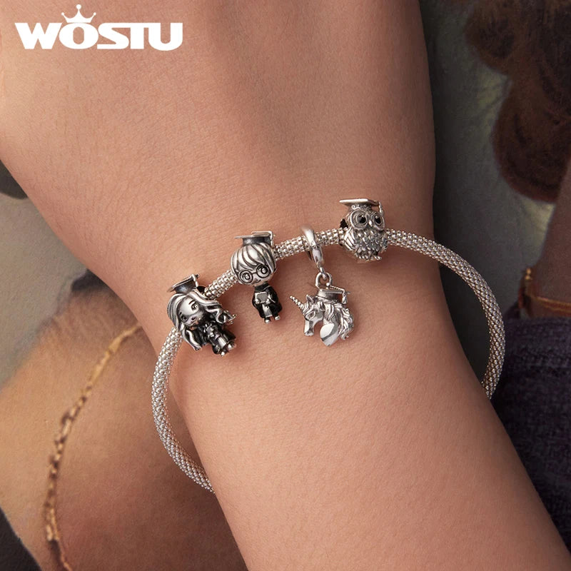 WOSTU 925 Sterling Silver Graduation Charm Unicorn Wise Owl Pendant Bachelor's cap Beads Original for Girl Boy Fine Jewelry DIY