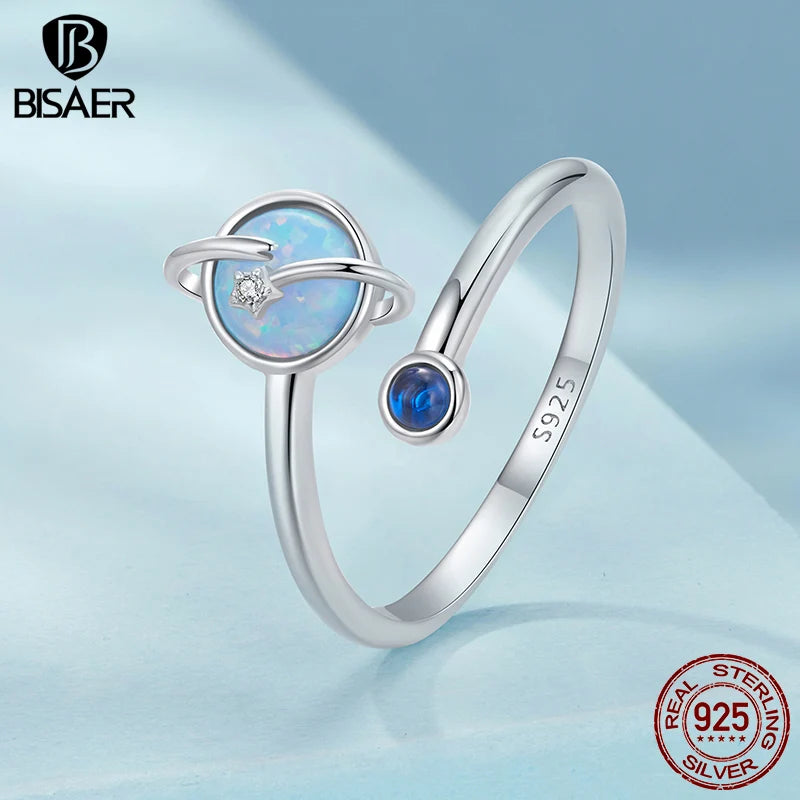 BISAER Boucles d'oreilles à tige en argent sterling 100 % 925 avec anneau ouvert en forme de planète et voie lactée plaqué or blanc pour femme, bijoux fins de fête ECR1087