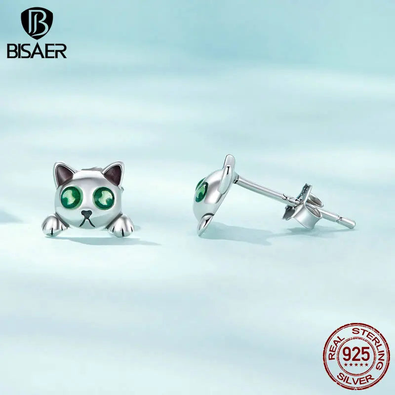 BISAER Boucles d'oreilles à tige en argent sterling 925 en forme de chat mignon qui brillent dans le noir Boucles d'oreilles lumineuses pour femmes Fête Bijoux fins Cadeau ECE1643