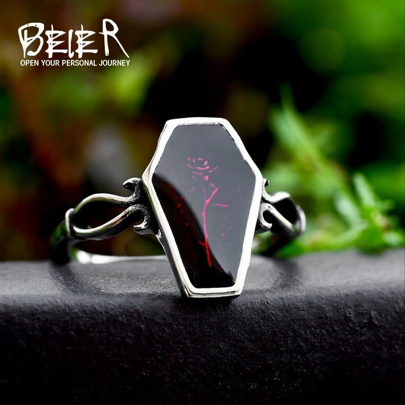BEIER 2023 Nouveau Design En Acier Inoxydable Cercueil Fleur Bague En Résine Bague Femme Accessoires Cool Garçon Cadeau Biker Bijoux