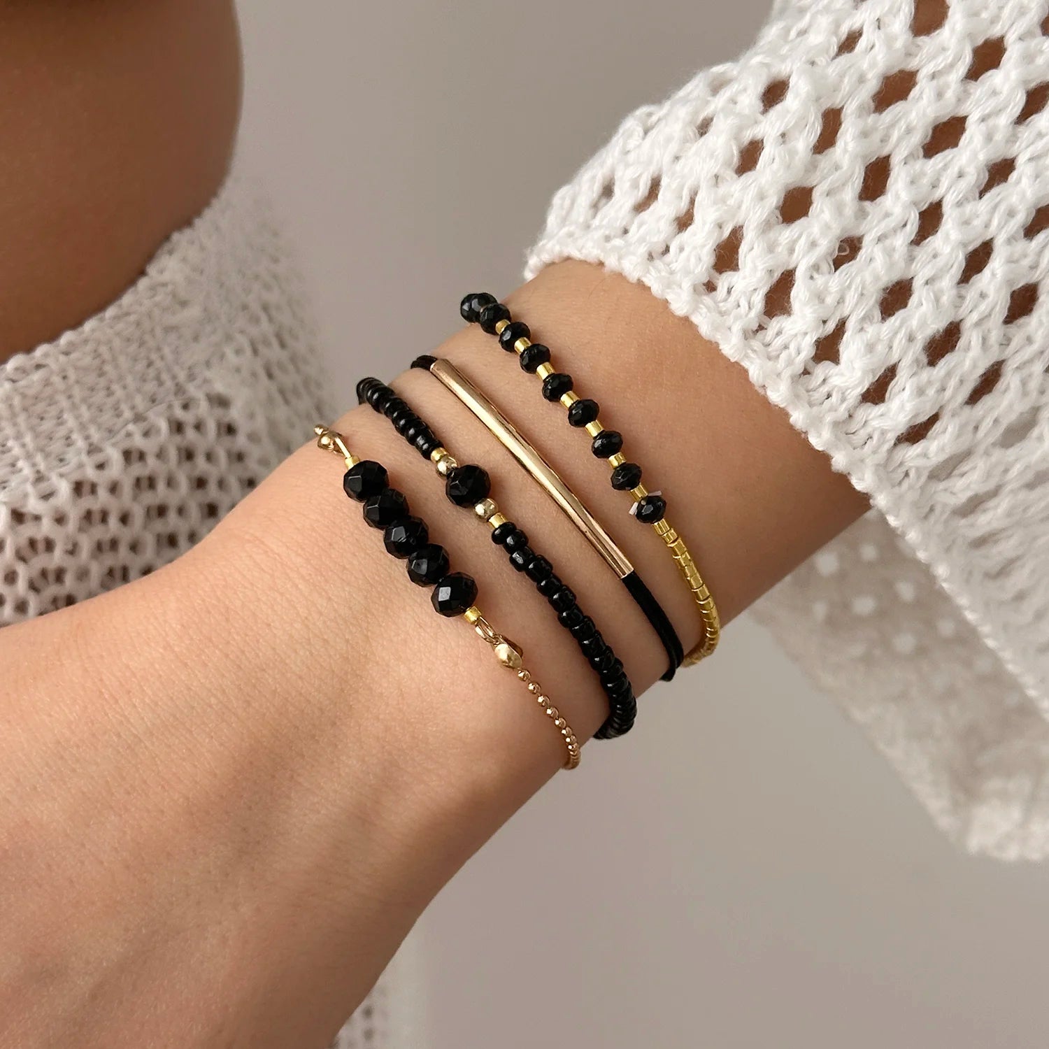 Handmade Black Glass Stone Bracelet Set For Women Bohemian Multilayer Stacked Rice Beaded Link Chain Bangle Fashion Jewelry