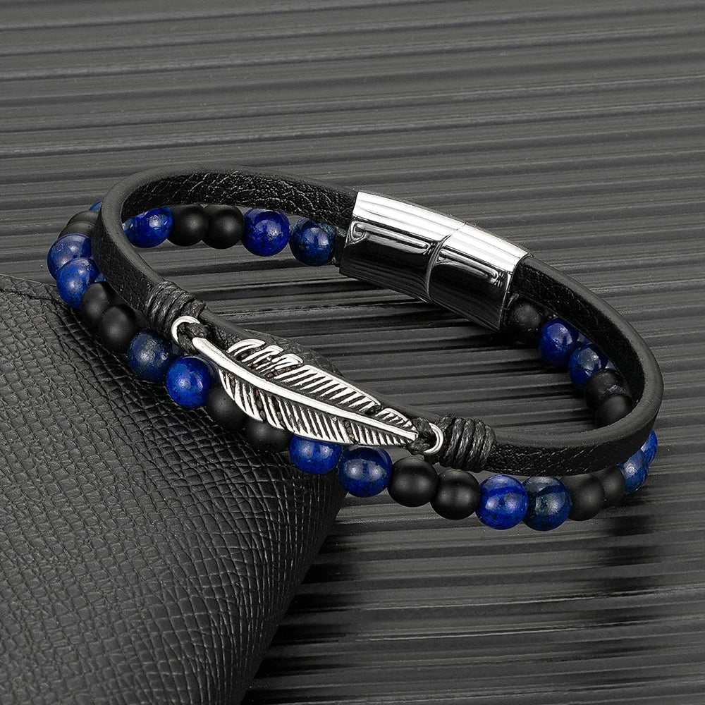 MKENDN Men Red Tiger Eyes Lava Stone Beaded Mutilayer Leather Feather Bracelet Stainless Steel Magnetic Clasp Wrap Bangle Gifts