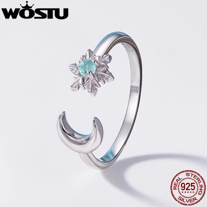 WOSTU 925 Sterling Silver Snowflake & Moon Ring for Women, Icy Blue Crystal Zircon Open Rings Winter Xmas Jewelry Party Gift