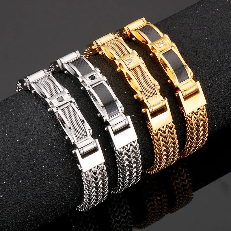 MKENDN Punk Rock Biker 316L Stainless Steel Steel Wire Mens Bracelet Pave Cubic Zircon Bicycle Chain Jewellery Pulsera Hombre