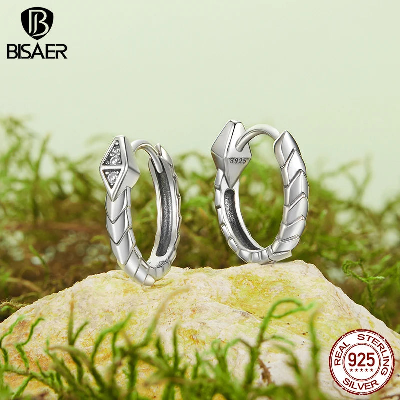 Boucles d'oreilles créoles en argent sterling 925 BISAER - Boucles d'oreilles à tige en forme de serpent - Textures rétro - Pour femme - Hip Hop - Bijoux fins originaux - EFE1149