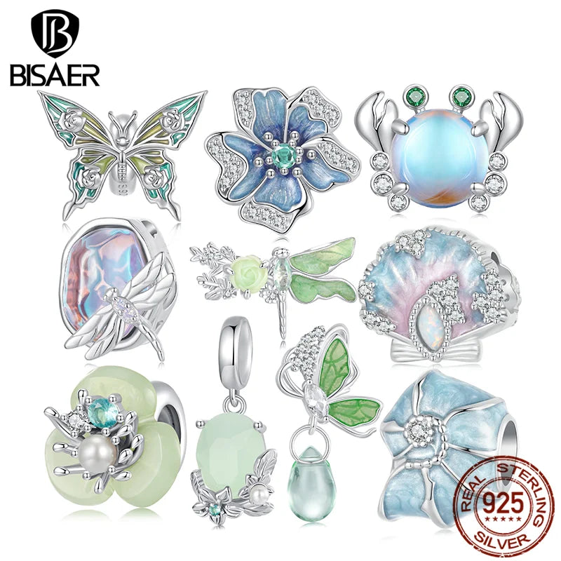 BISAER 925 Sterling Silver Butterfly Flower Silicone Charm Bead Dragonfly Crab Pendant For Women Girl DIY Bracelets Fine Jewelry