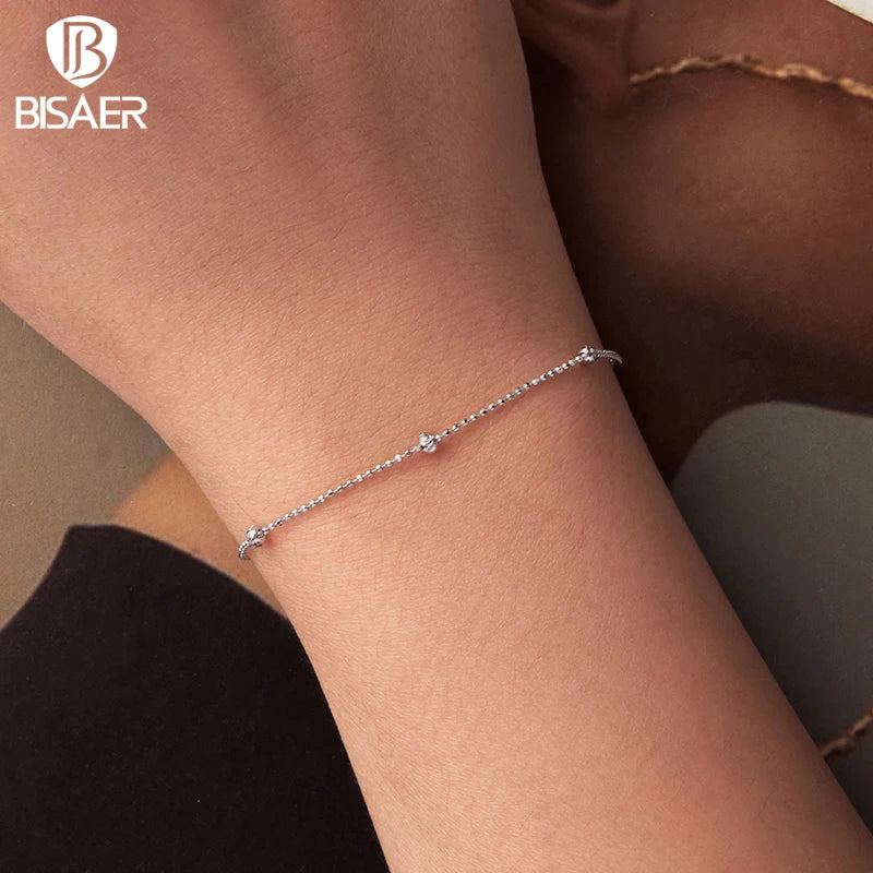 BISAER 925 Sterling Silver Carved Beads Bracelet Minimalist Round Bead Stackable Chain Plated White Gold for Women Fine Jewelry