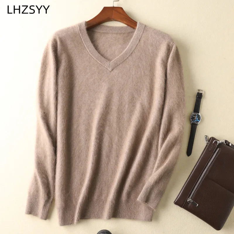 LHZSYY Men's 100% Mink Cashmere Large Size Sweaters Autumn Winter Solid V-neck Casual Knit Pullovers Men Long Sleeve Warm Jumper - Madeinsea©