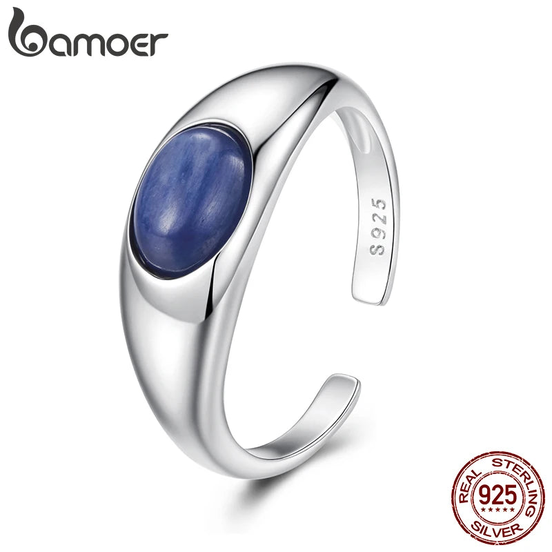 BAMOER 925 Sterling Silver Blue Kyanite Open Ring Chunky Statement Ring for Women Girl Lapis Lazuli Jewelry Minimalist Gift