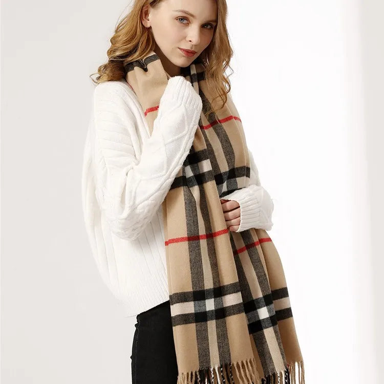 Autumn and winter BABA plaid scarf for women, stylish and versatile warm winter neck scarf in Korean-style checkered pattern.