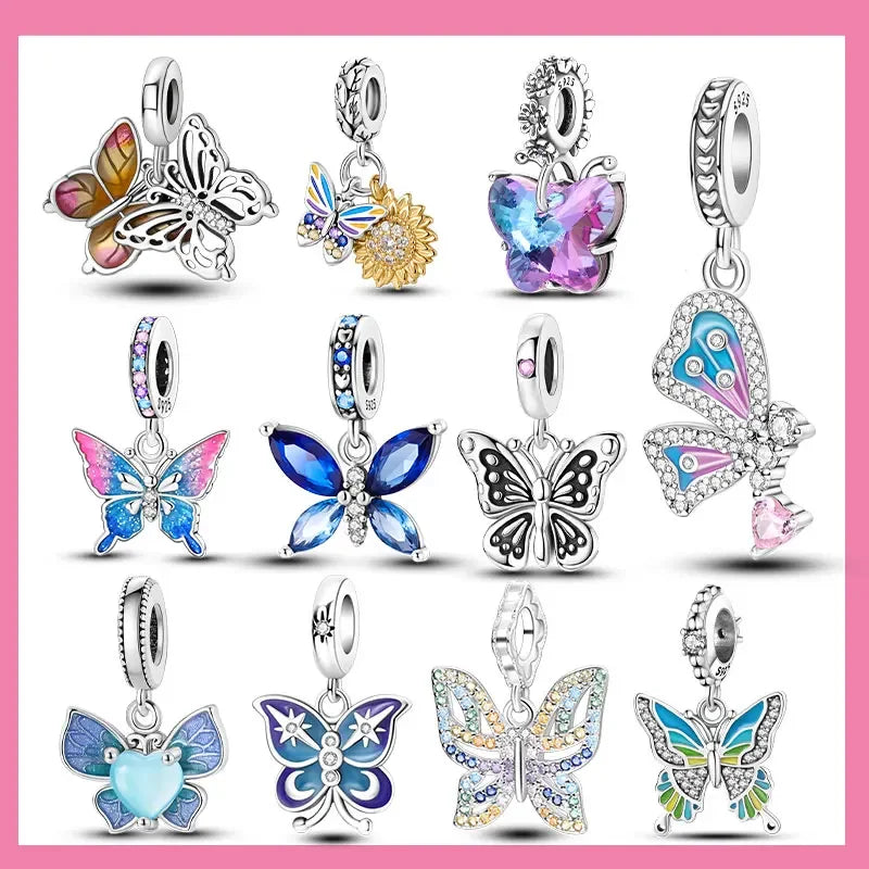 925 Sterling Silver Blue Series Butterfly Beads Pendant Fit Bangle Charms Bracelet DIY Women Original Jewelry