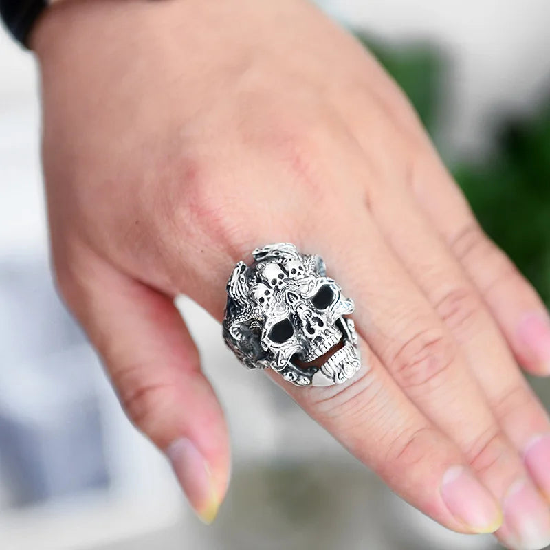 Fashion And Personality, Retro And Domineering Three Skull Ring, Open Mouth Men's Street Punk Hip-Hop Ring Bracelet