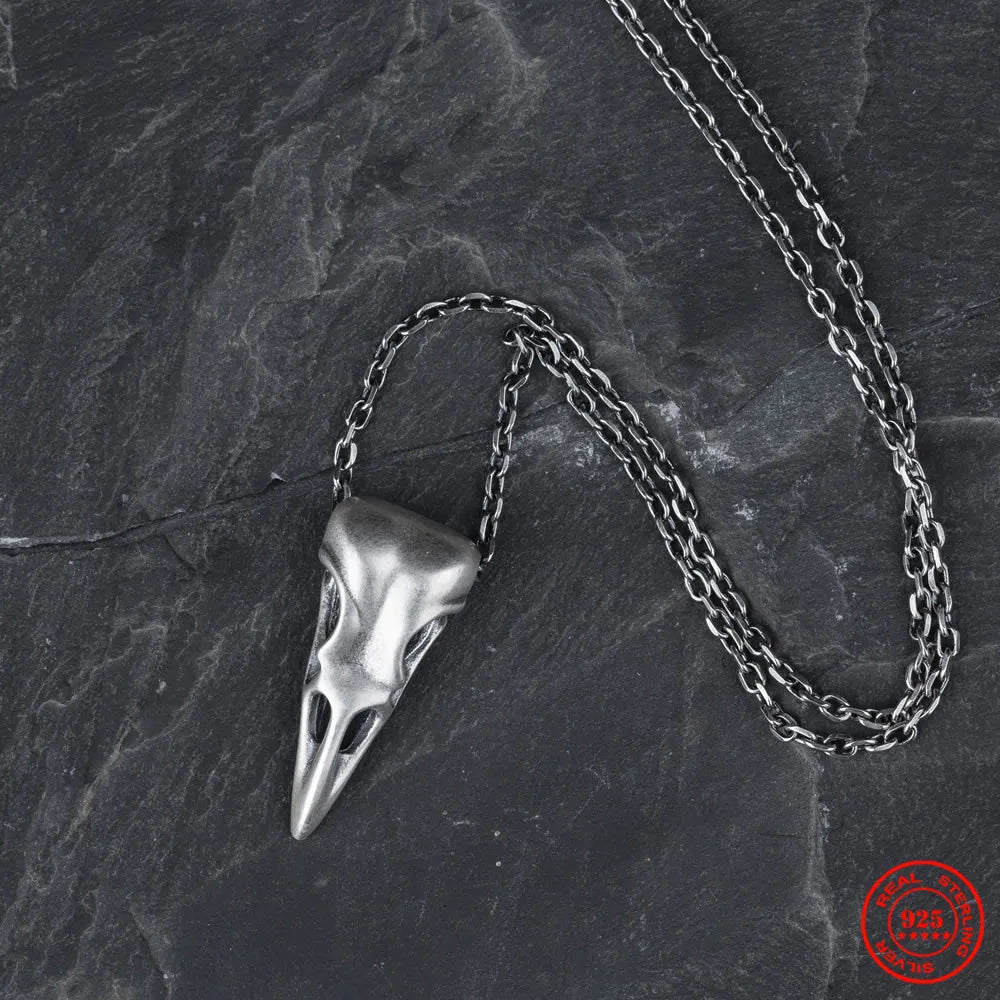 MKENDN Viking Style 100% 925 Sterling Silver Creative Crow Raven Head Skull Pendant Necklace For Men Women Fine Jewelry