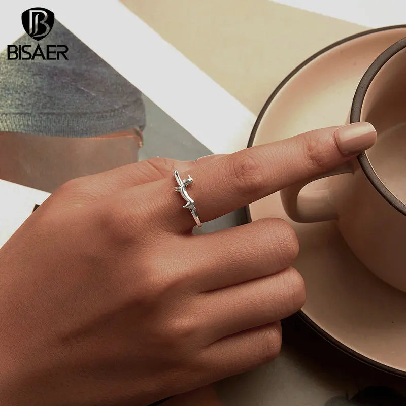 BISAER 925 Sterling Silver Bird Open Ring Animal Band Adjustable Size 5-8 for Women Party Original Design Fine Jewelry EFR714-E