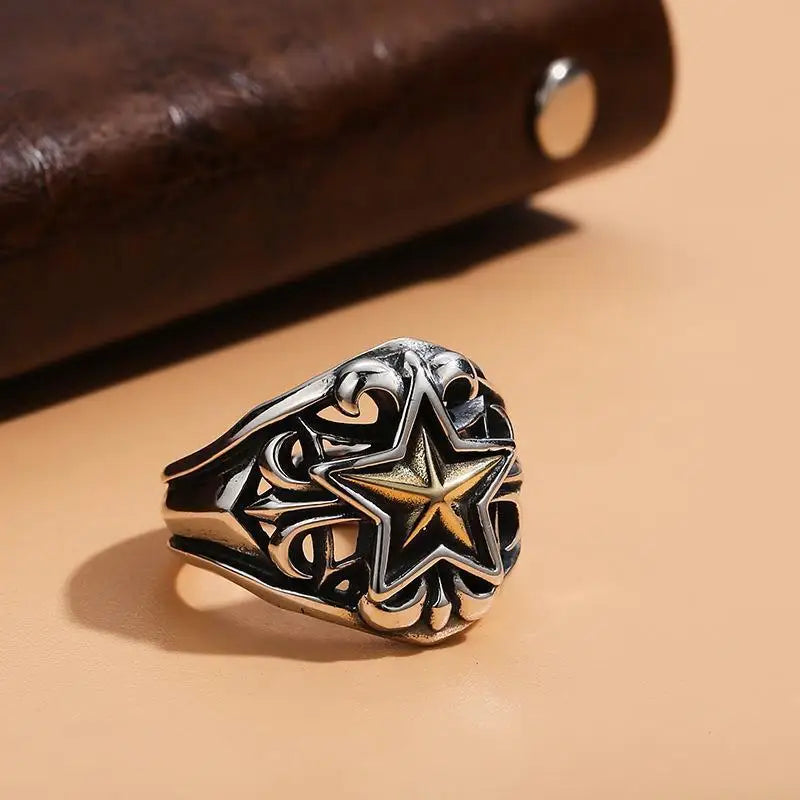 Retro Golden Cross Star Ring For Men Punk Gothic Rock Hiphop Open Ring Handmade Unisex Jewelry Bikers Accessories Lovers Gift