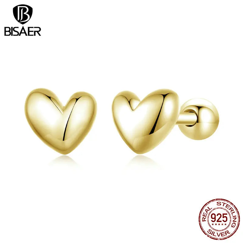 BISAER 925 Sterling Silver 18K Gold Mini Heart Stud Earrings Simple Love Hypoallergenic Earrings for Women Weedding Fine Jewelry