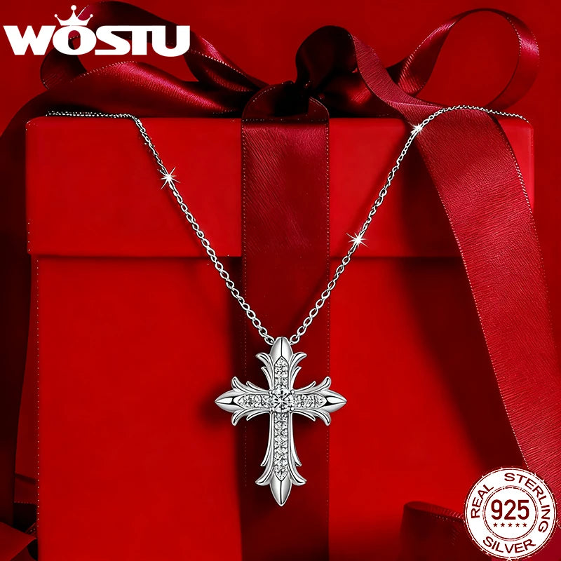 WOSTU Moissanite Cross Pendant Necklace for Women Men, Unsix for Believer sS925 Silver Genuine Moissanite Accent Jewelry family