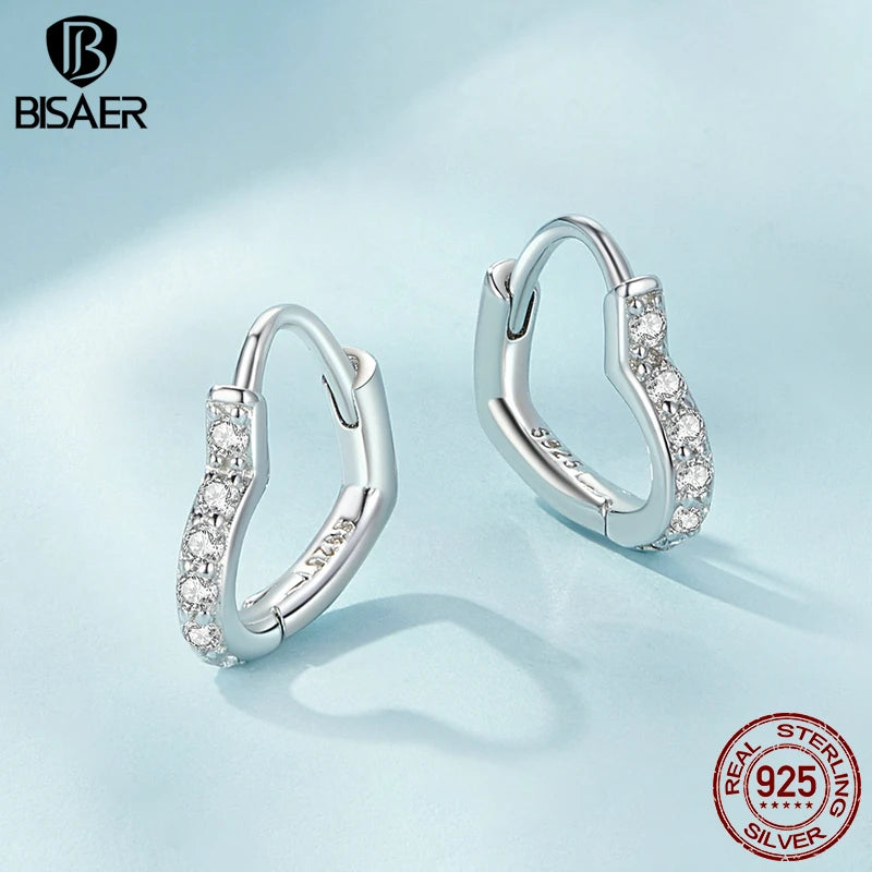 Boucles d'oreilles créoles en forme de cœur en argent sterling 100 % 925 BISAER avec sertissage pavé en zircon plaqué platine pour femmes OL Party Fine Jewelry