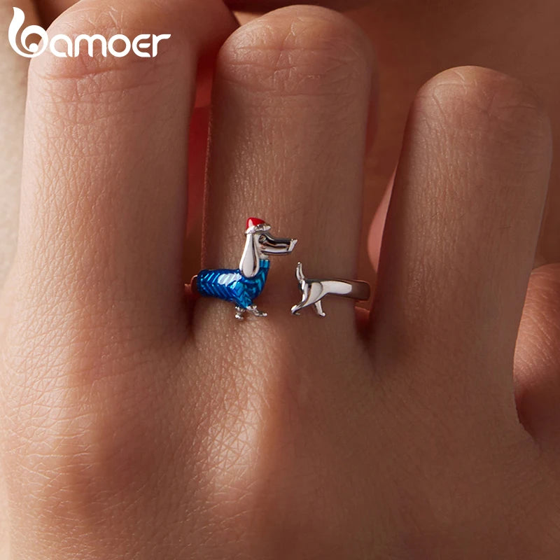 Bamoer 925 Sterling Silber Süßer Weihnachtsring mit Dackelmotiv, offener Ring, verstellbar, farbenfroh, für Damen und Teenager, schönes Weihnachtsgeschenk