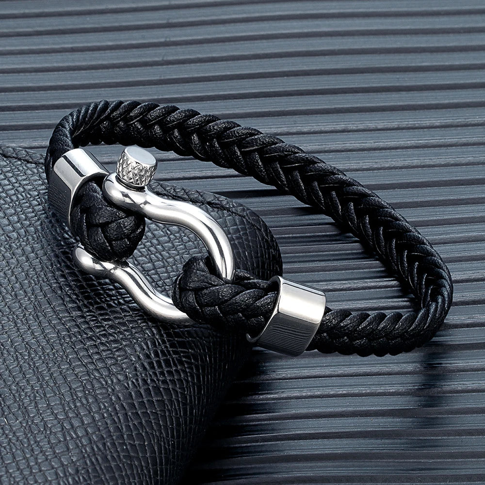 MKENDN Luxury Nautical Shackle Woven Leather Bracelet With Horseshoes Buckle Gift for Him Minimalistic Jewelry