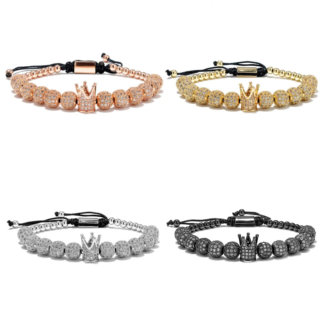 MKENDN Micro Pave CZ Round Beads Luxury Crown Men Bracelet 316L Stainless Steel Bracelet Gold Color Bracelet Adjustable Gifts