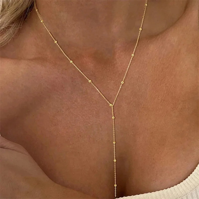 Vintage Gold Color Long Chain Drop Necklaces for Women Simple Metal Geometric Bead Tassel Choker Girls Party Aesthetics Jewelry