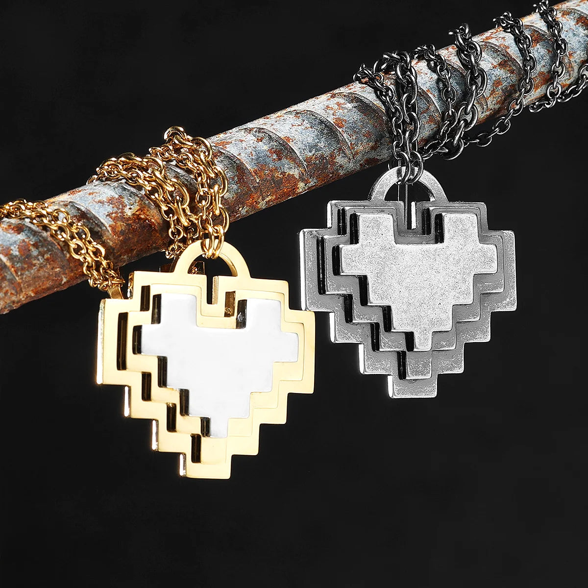 Pixel-style Heart Pendant Men Street Necklace Creative Stereo Couples Stainless Steel Chain Cool Punk Rock Jewelry for Male Gift