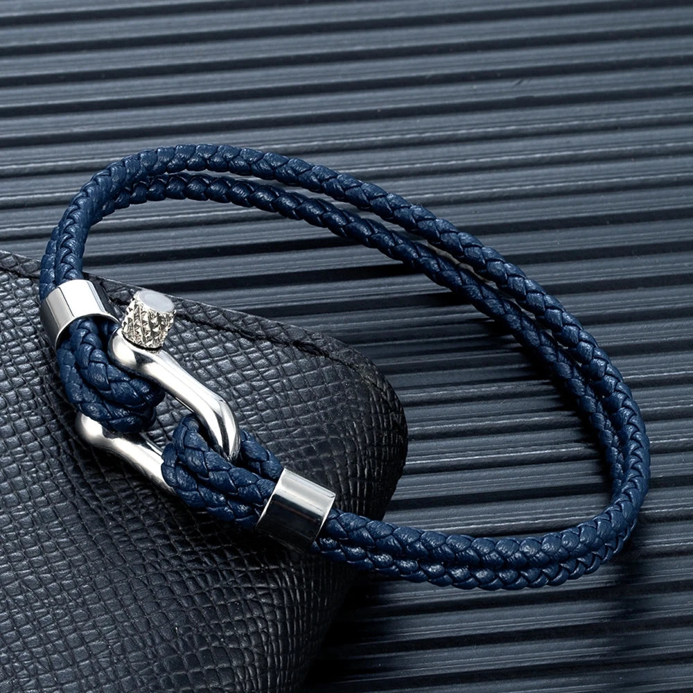 MKENDN Schwarzes Edelstahl-Schäkelarmband, schlichtes zweilagiges blaues Lederarmband für Damen und Herren, handgefertigter nautischer Schmuck