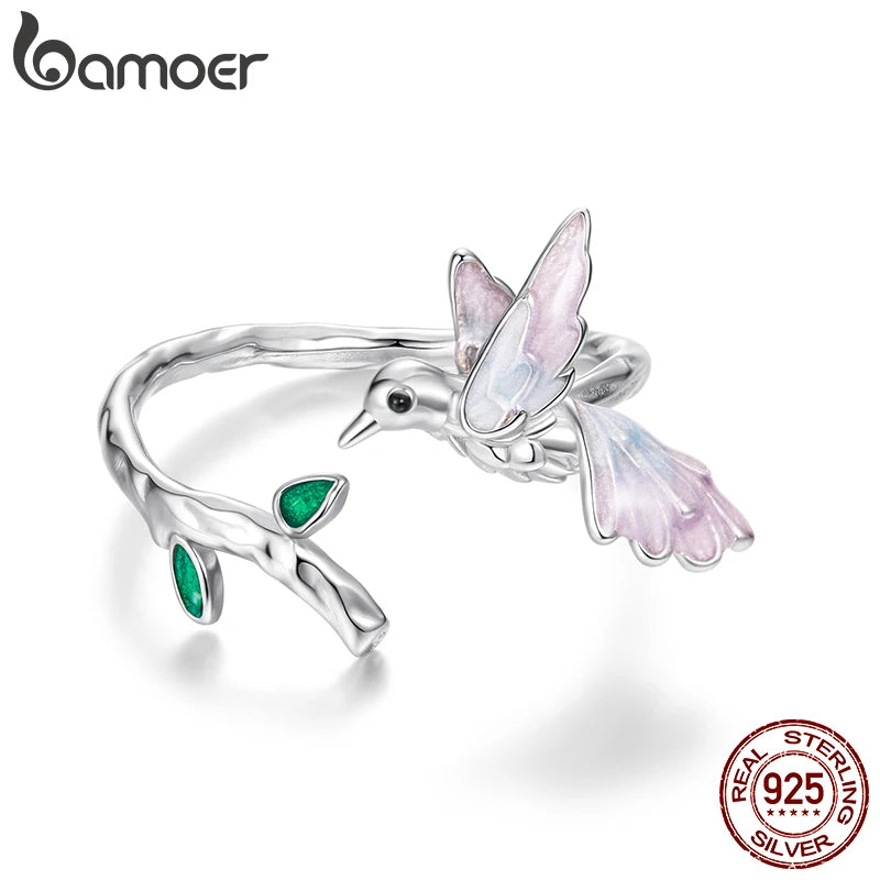 Bamoer 925 Sterling Silber Eisvogel Emaille Offener Ring Verstellbarer 3D Vogelform Ring für Damen Mädchen Lebhafte Geburtstagswünsche Geschenk