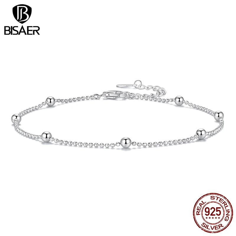 BISAER 925 Sterling Silver Minimalist Beads Anklets Waterproof Chain Plated White Gold For Women Party Fine Jewelry Holiday Gift