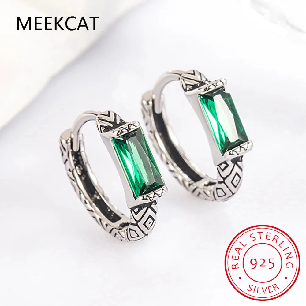 Green Simulated Nano Emerald 925 Sterling Silver Vintage Textured Hoop Earring for Women Wedding Party Jewelry Gift Pendientes