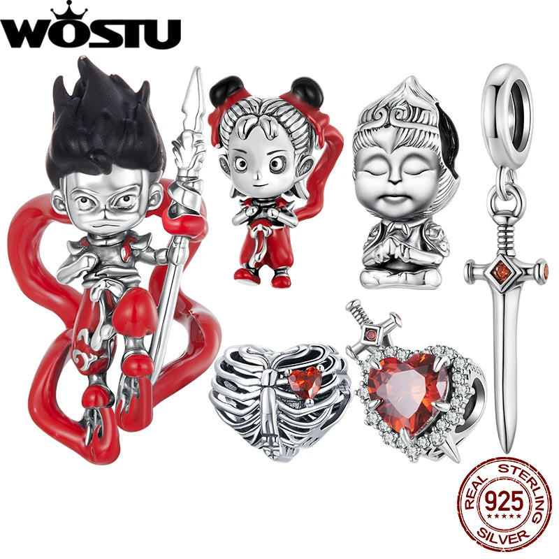 WOSTU 925 Sterling Silver Nezha Charm Little Sun Wukong Beads Red Heart Sword Charm for Woman Fit Bracelet Fine Jewelry DIY